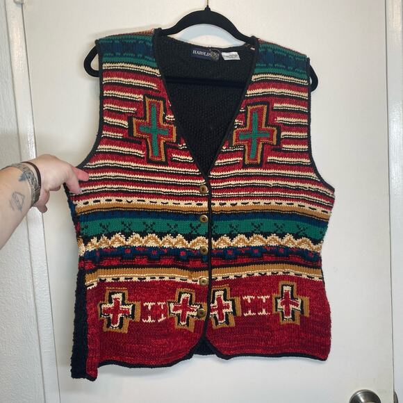 90s vintage knit vest Harolds Southwestern Boho Western Style Cross Size L - Picture 3 of 9